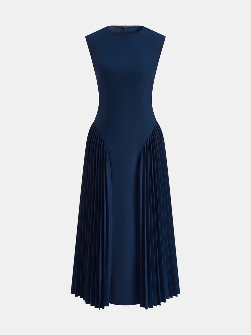 Navy Sleeveless Pleated Panel Midi Dress
